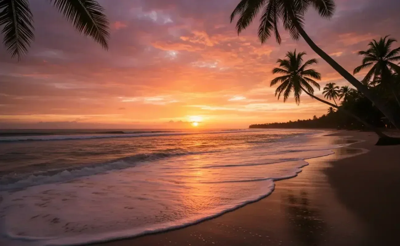 Atardecer en una playa de Costa Rica con palmeras