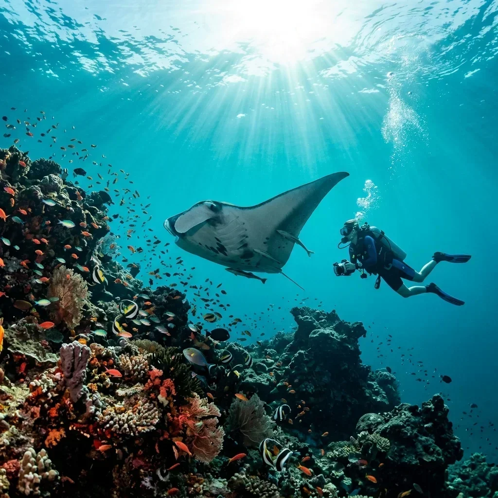 Persona buceando junto a una mantarraya en Costa Rica