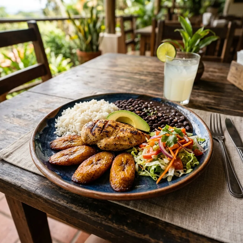 Traditional Costa Rican casado with rice, beans, salad and plantains