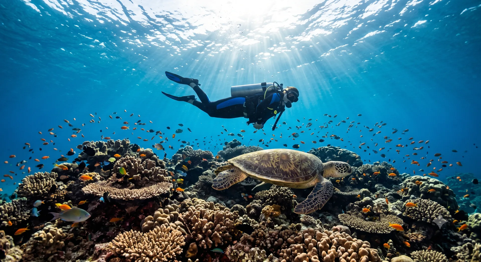 Scuba diving with a sea turtle on a Costa Rica reef