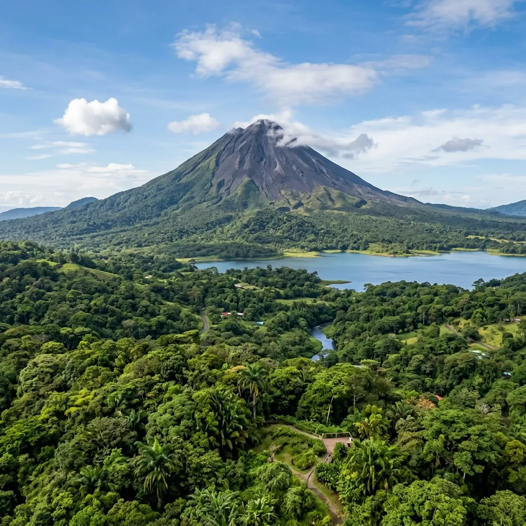 El Volcán Arenal elevándose sobre el exuberante bosque lluvioso verde