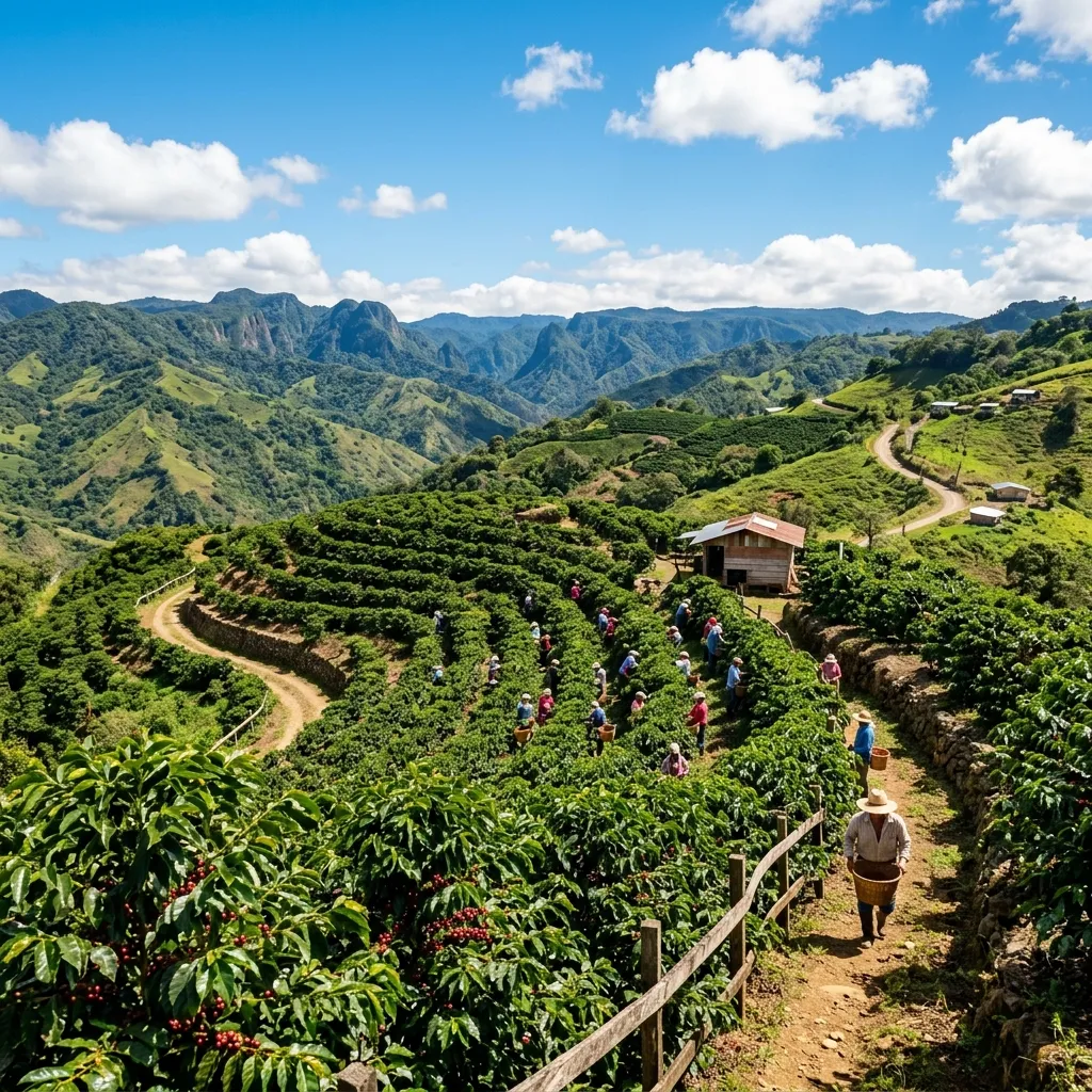 Cerezas de café maduras creciendo en una finca de Costa Rica