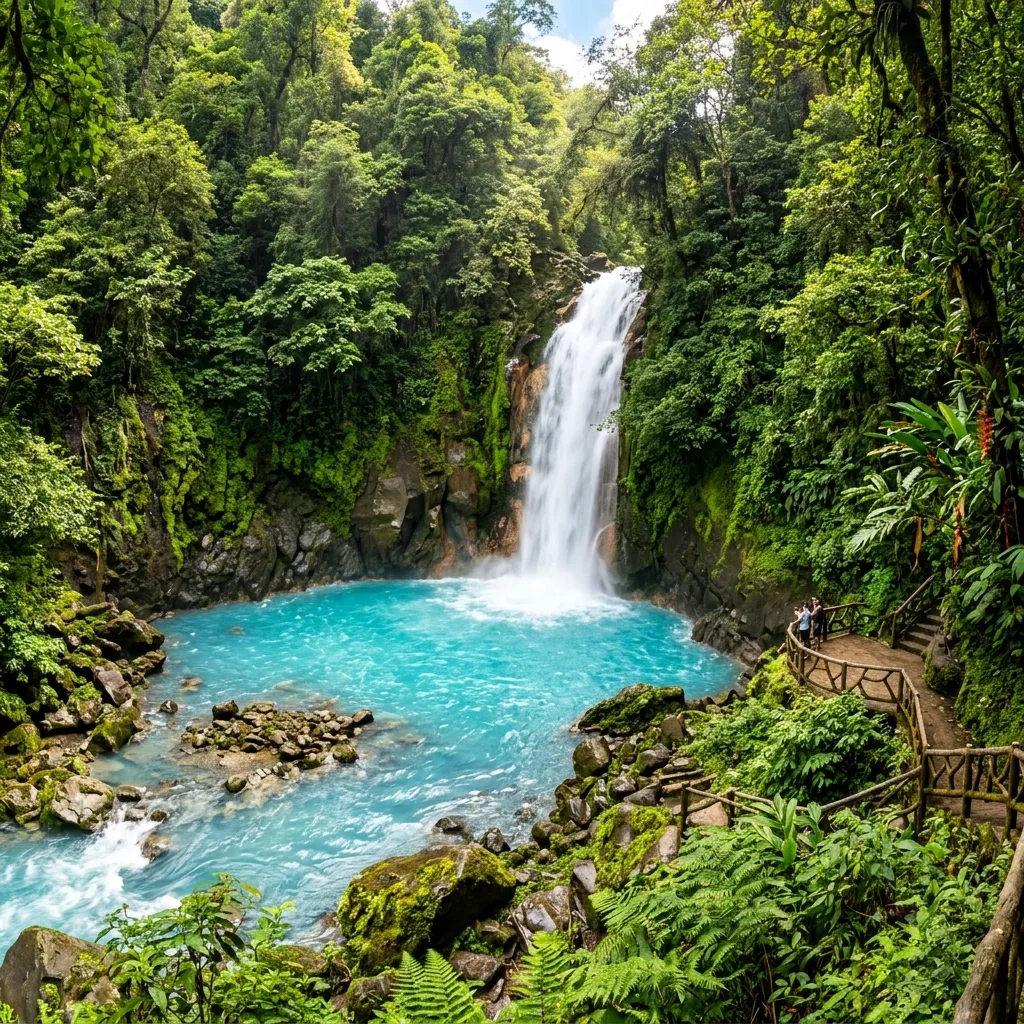 Catarata Río Celeste cayendo en una piscina azul brillante en la selva