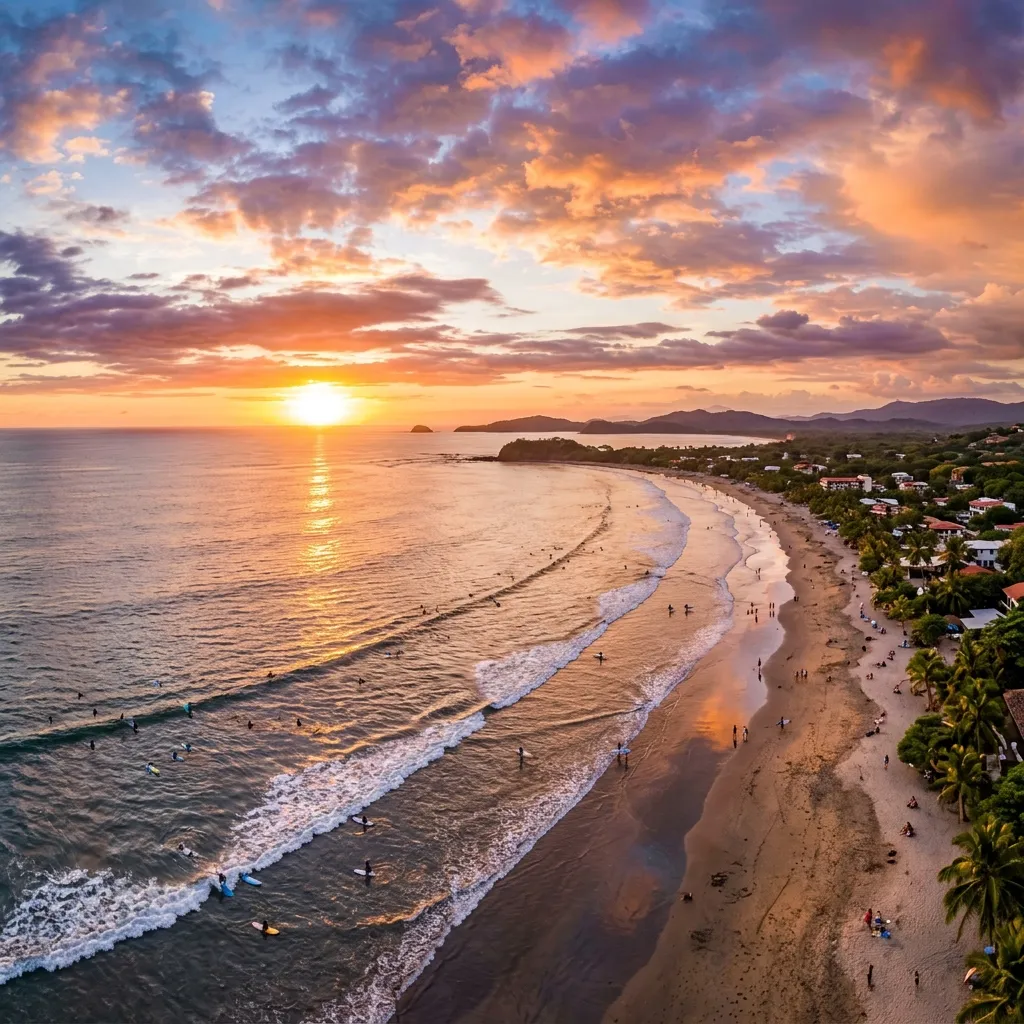 Vista aérea de la playa de Tamarindo al atardecer