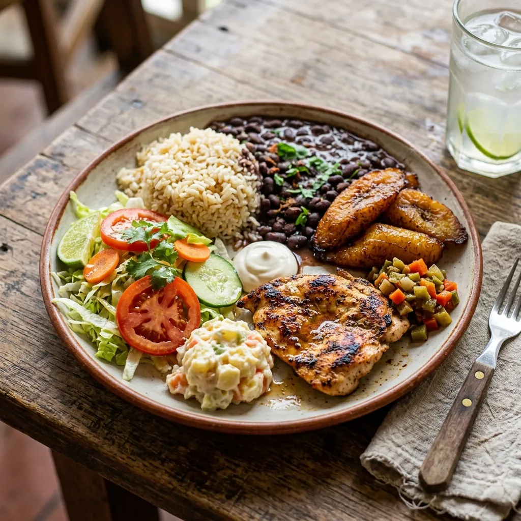 Casado tradicional costarricense con arroz, frijoles, ensalada y plátano
